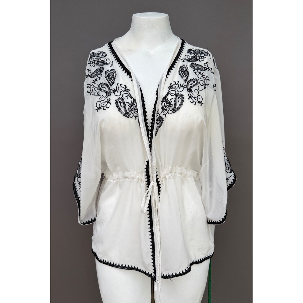 Love Stitch Embroidered Kimono Top M White Black‎ Paisley Boho Drawstring Blouse